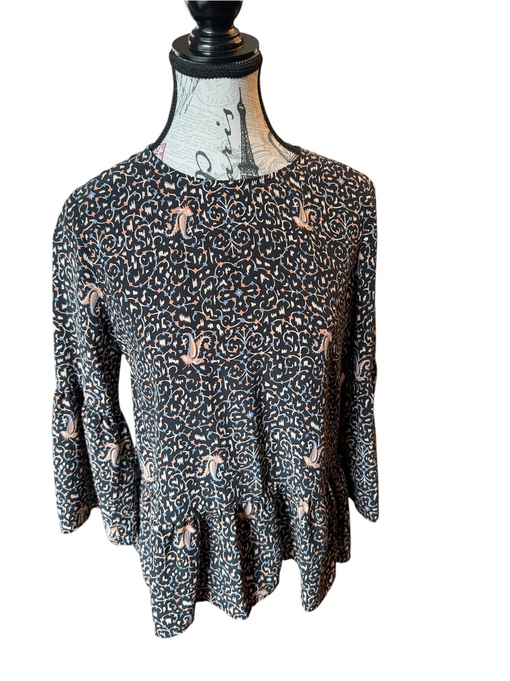 100% Silk Madewell Black Long-Sleeve Floral Peplum Tunic with Blush Accents - Picture 2 of 8